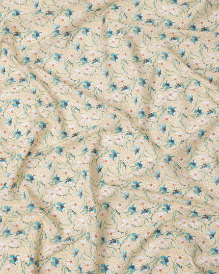 Beige Floral Printed Cotton Lawn Fabric with Teal and White Petal Motifs, 110 Cms Width, Made in India-D24269