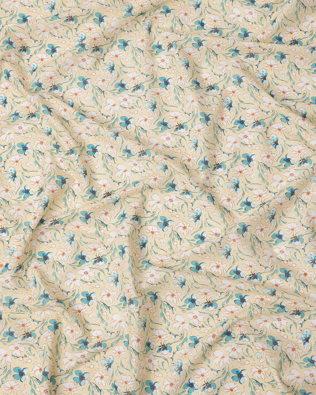 Beige Floral Printed Cotton Lawn Fabric with Teal and White Petal Motifs, 110 Cms Width, Made in India-D24269