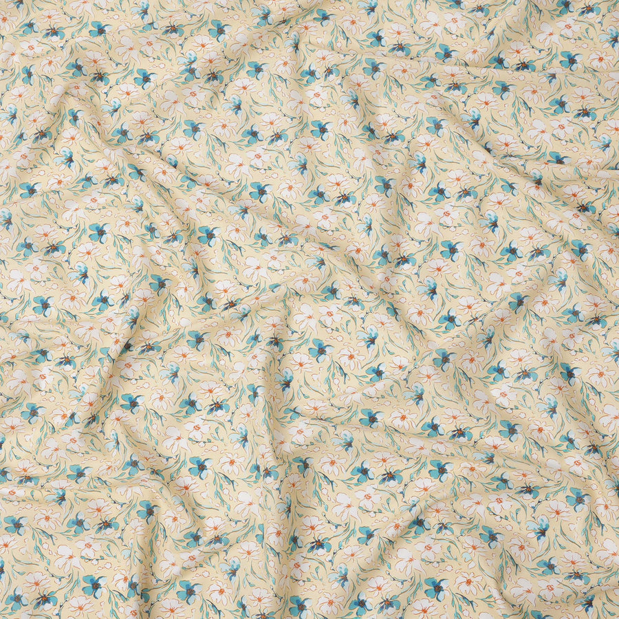 Beige Floral Printed Cotton Lawn Fabric with Teal and White Petal Motifs, 110 Cms Width, Made in India-D24269