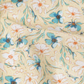 Beige Floral Printed Cotton Lawn Fabric with Teal and White Petal Motifs, 110 Cms Width, Made in India-D24269