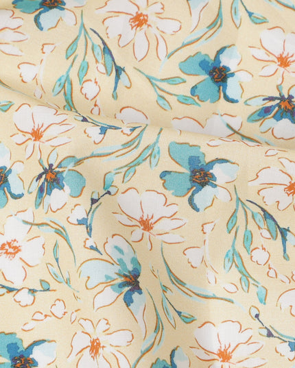 Beige Floral Printed Cotton Lawn Fabric with Teal and White Petal Motifs, 110 Cms Width, Made in India-D24269