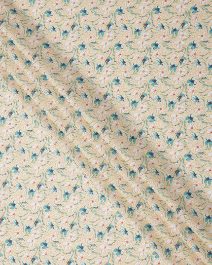 Beige Floral Printed Cotton Lawn Fabric with Teal and White Petal Motifs, 110 Cms Width, Made in India-D24269