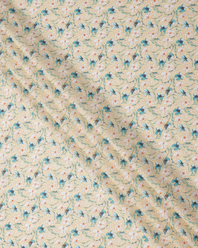 Beige Floral Printed Cotton Lawn Fabric with Teal and White Petal Motifs, 110 Cms Width, Made in India-D24269