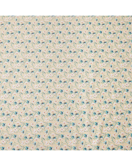 Beige Floral Printed Cotton Lawn Fabric with Teal and White Petal Motifs, 110 Cms Width, Made in India-D24269