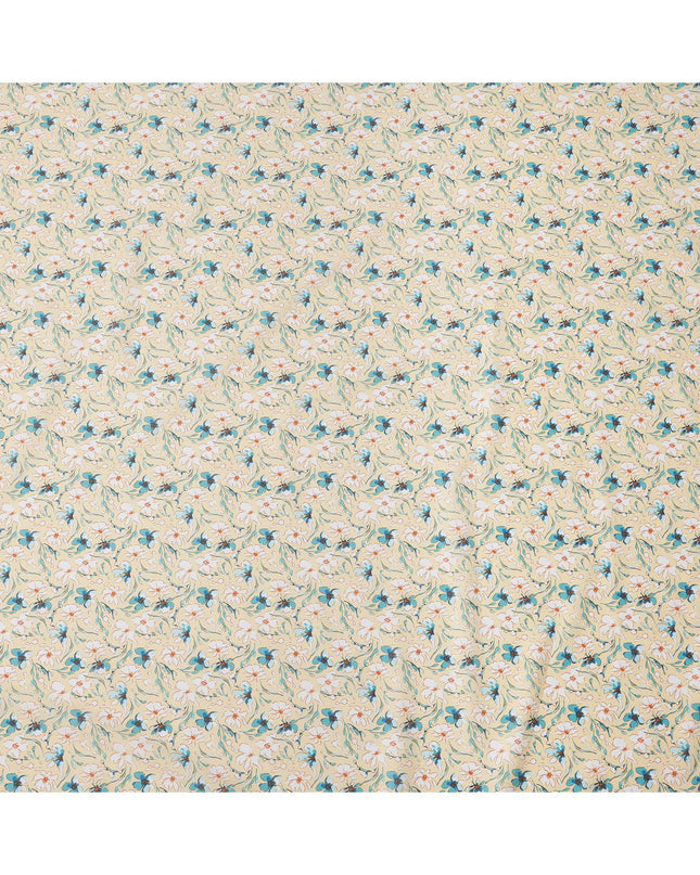 Beige Floral Printed Cotton Lawn Fabric with Teal and White Petal Motifs, 110 Cms Width, Made in India-D24269