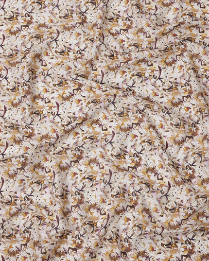 Cream Brown Abstract Floral Printed Cotton Lawn Fabric with Beige & Maroon Accents, 110 Cms Width, Made in India-D24270