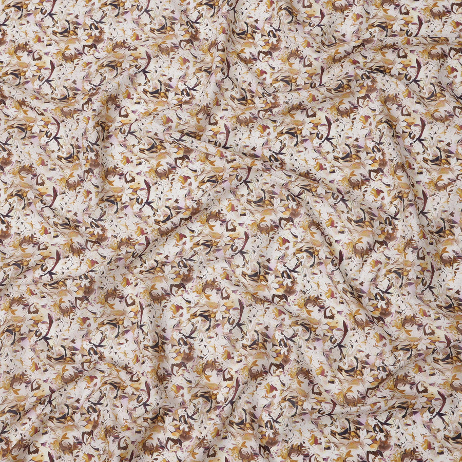 Cream Brown Abstract Floral Printed Cotton Lawn Fabric with Beige & Maroon Accents, 110 Cms Width, Made in India-D24270