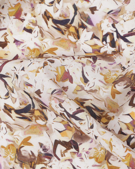 Cream Brown Abstract Floral Printed Cotton Lawn Fabric with Beige & Maroon Accents, 110 Cms Width, Made in India-D24270