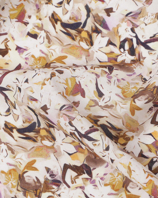 Cream Brown Abstract Floral Printed Cotton Lawn Fabric with Beige & Maroon Accents, 110 Cms Width, Made in India-D24270