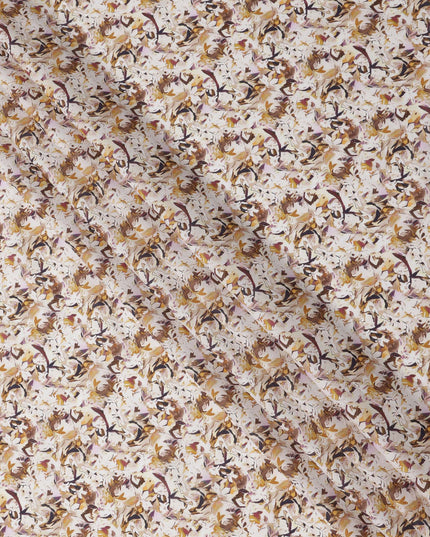 Cream Brown Abstract Floral Printed Cotton Lawn Fabric with Beige & Maroon Accents, 110 Cms Width, Made in India-D24270