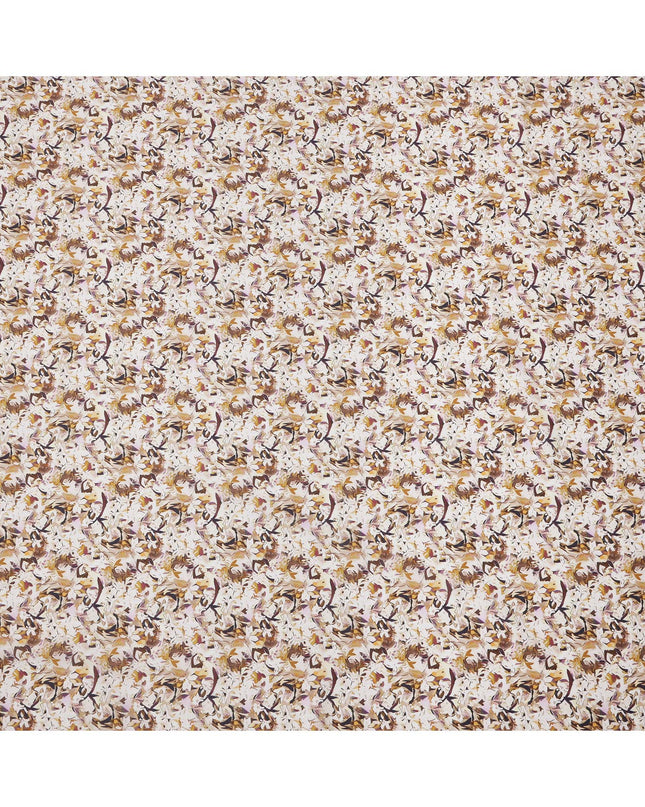 Cream Brown Abstract Floral Printed Cotton Lawn Fabric with Beige & Maroon Accents, 110 Cms Width, Made in India-D24270