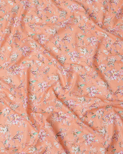 Peach Floral Printed Cotton Lawn Fabric with Soft White and Pink Blossom Motifs, 110 Cms Width, Made in India-D24271