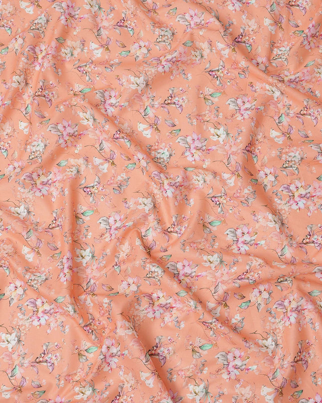 Peach Floral Printed Cotton Lawn Fabric with Soft White and Pink Blossom Motifs, 110 Cms Width, Made in India-D24271