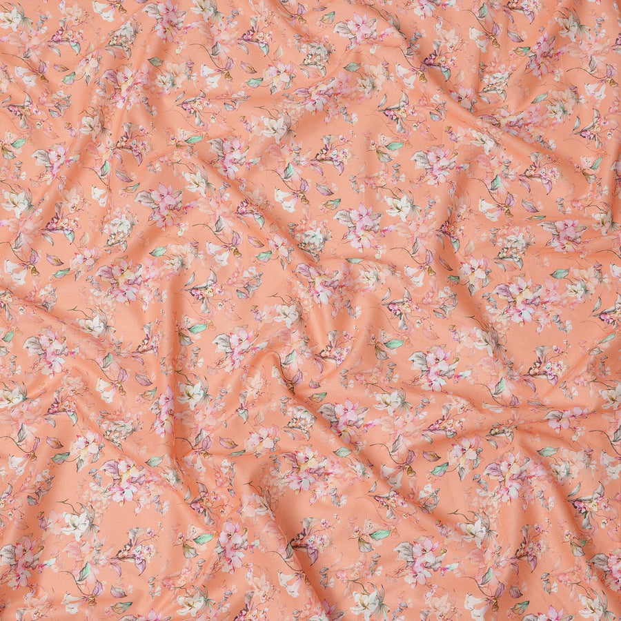 Peach Floral Printed Cotton Lawn Fabric with Soft White and Pink Blossom Motifs, 110 Cms Width, Made in India-D24271
