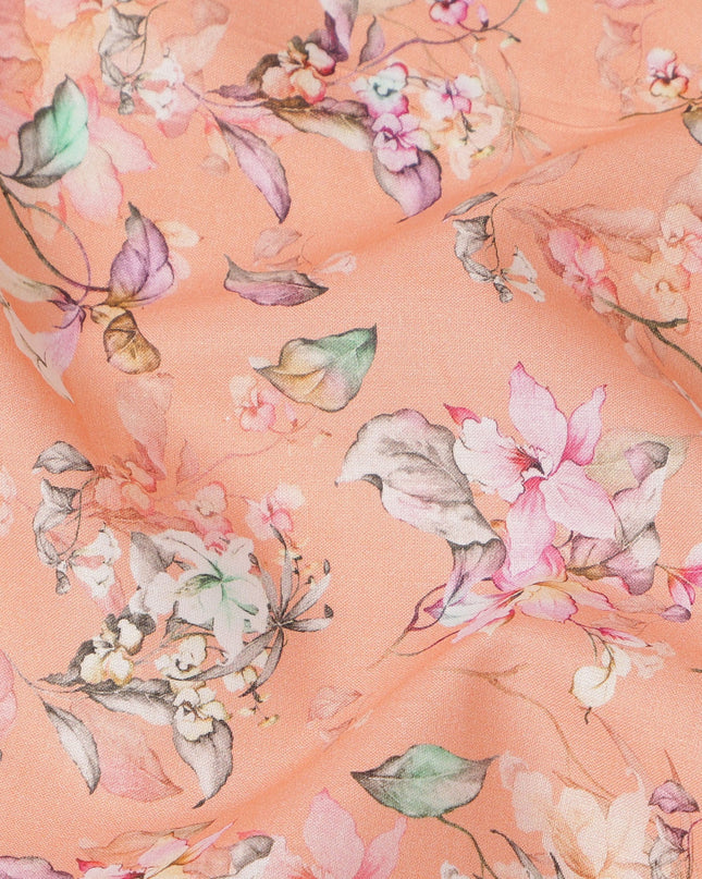 Peach Floral Printed Cotton Lawn Fabric with Soft White and Pink Blossom Motifs, 110 Cms Width, Made in India-D24271