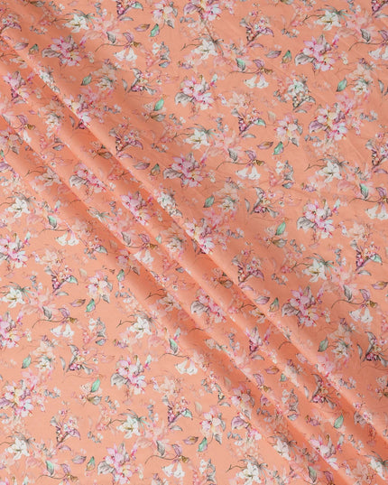Peach Floral Printed Cotton Lawn Fabric with Soft White and Pink Blossom Motifs, 110 Cms Width, Made in India-D24271