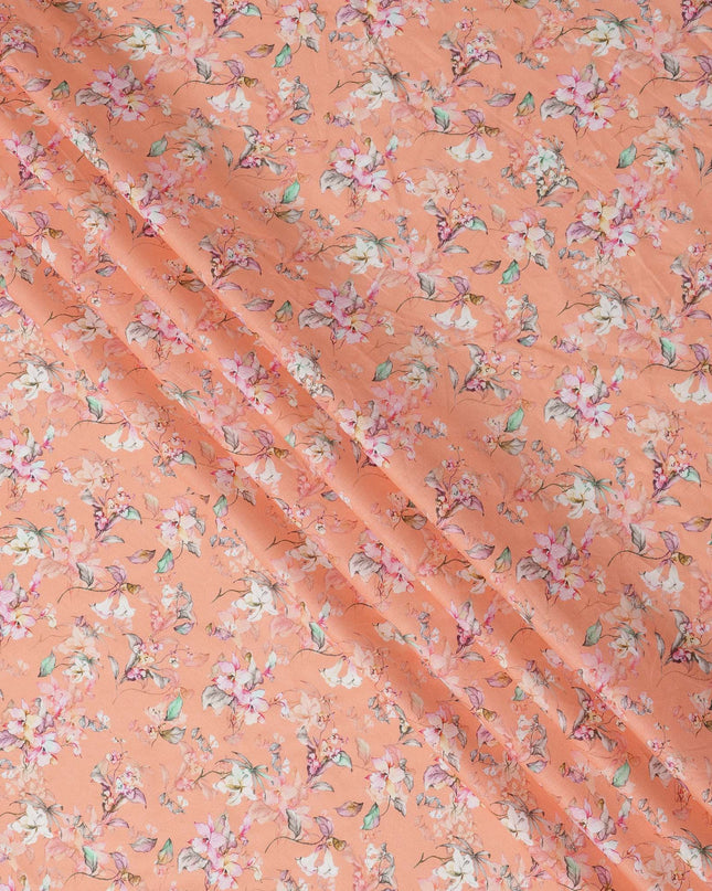 Peach Floral Printed Cotton Lawn Fabric with Soft White and Pink Blossom Motifs, 110 Cms Width, Made in India-D24271