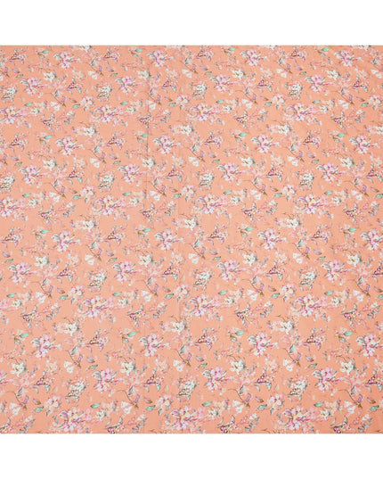 Peach Floral Printed Cotton Lawn Fabric with Soft White and Pink Blossom Motifs, 110 Cms Width, Made in India-D24271