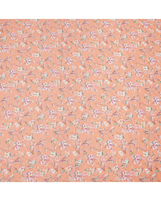 Peach Floral Printed Cotton Lawn Fabric with Soft White and Pink Blossom Motifs, 110 Cms Width, Made in India-D24271