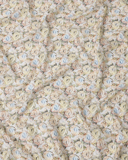 Ivory Base Pastel Rose Printed Cotton Lawn Fabric with Beige, Blue and Blush Floral Pattern, 110 Cms Width, Made in India-D24272