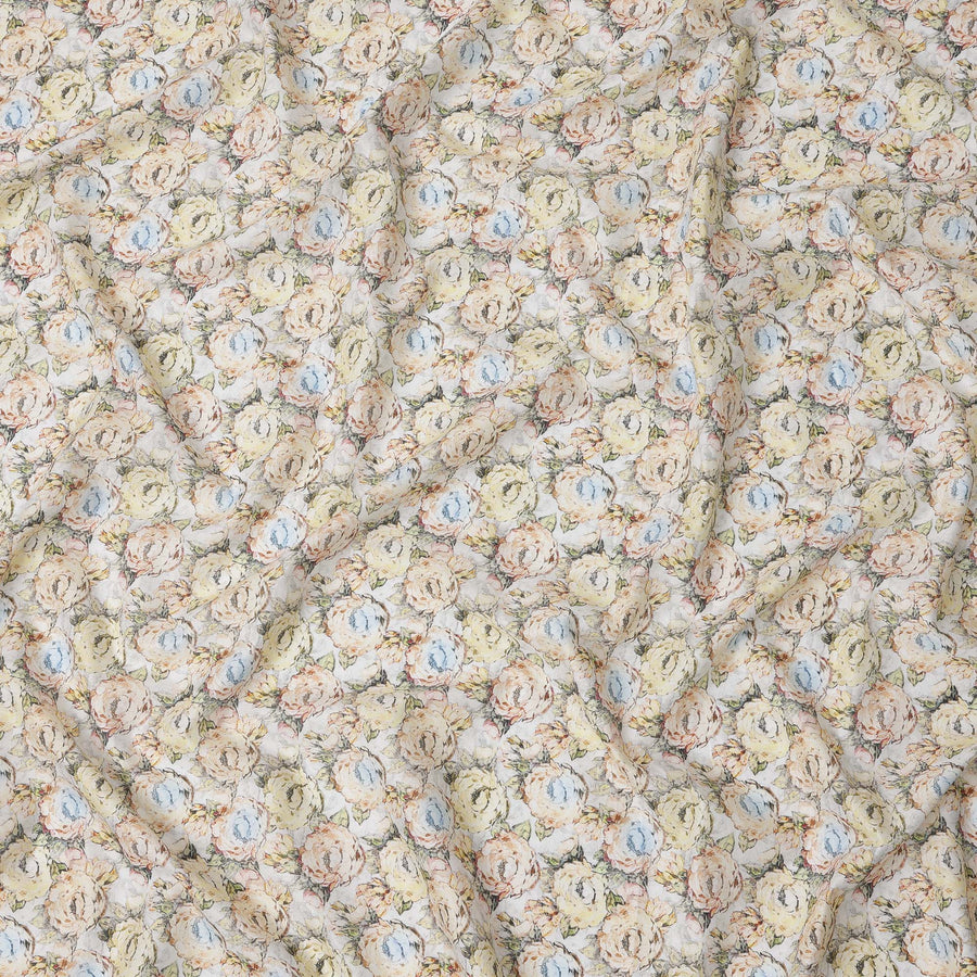 Ivory Base Pastel Rose Printed Cotton Lawn Fabric with Beige, Blue and Blush Floral Pattern, 110 Cms Width, Made in India-D24272