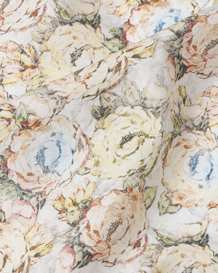 Ivory Base Pastel Rose Printed Cotton Lawn Fabric with Beige, Blue and Blush Floral Pattern, 110 Cms Width, Made in India-D24272