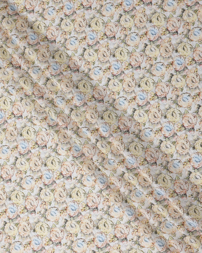 Ivory Base Pastel Rose Printed Cotton Lawn Fabric with Beige, Blue and Blush Floral Pattern, 110 Cms Width, Made in India-D24272