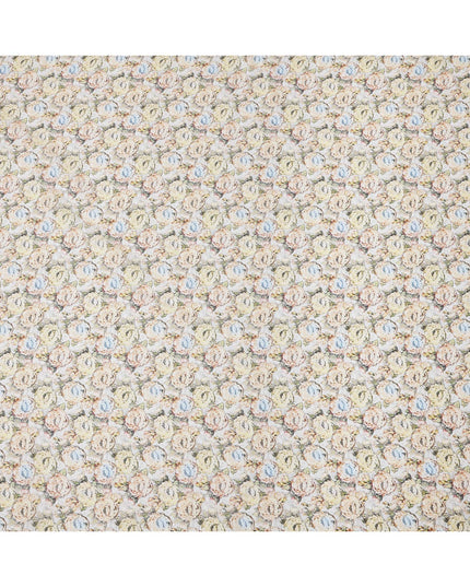 Ivory Base Pastel Rose Printed Cotton Lawn Fabric with Beige, Blue and Blush Floral Pattern, 110 Cms Width, Made in India-D24272