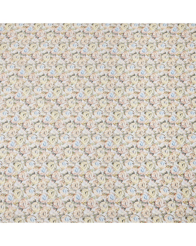 Ivory Base Pastel Rose Printed Cotton Lawn Fabric with Beige, Blue and Blush Floral Pattern, 110 Cms Width, Made in India-D24272