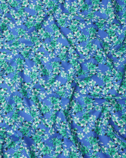 Royal Blue Base Green and White Blossom Printed Cotton Lawn Fabric with Dense Floral Pattern, 110 Cms Width, Made in India-D24273