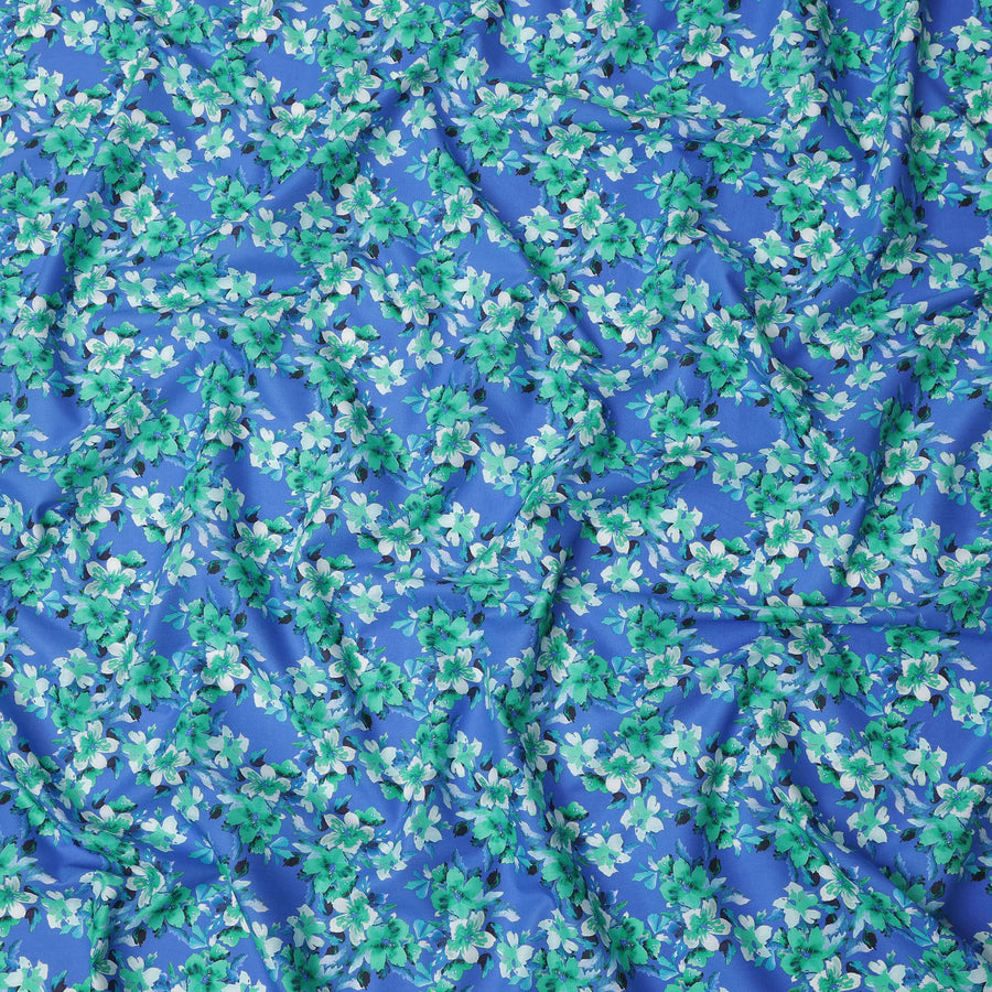 Royal Blue Base Green and White Blossom Printed Cotton Lawn Fabric with Dense Floral Pattern, 110 Cms Width, Made in India-D24273
