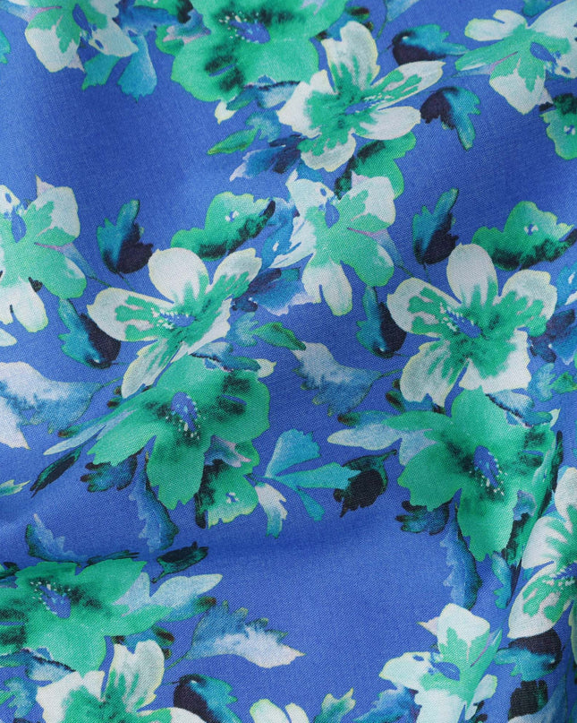 Royal Blue Base Green and White Blossom Printed Cotton Lawn Fabric with Dense Floral Pattern, 110 Cms Width, Made in India-D24273