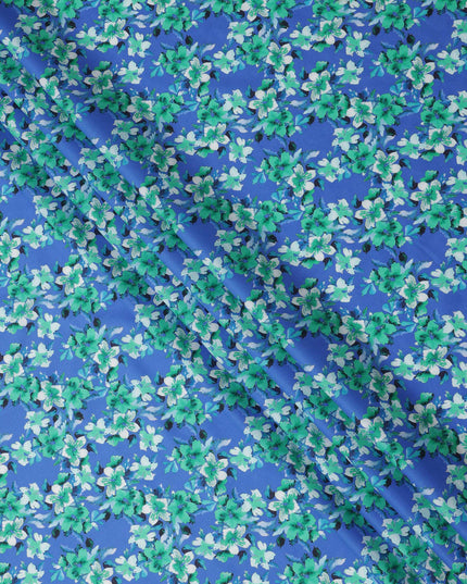 Royal Blue Base Green and White Blossom Printed Cotton Lawn Fabric with Dense Floral Pattern, 110 Cms Width, Made in India-D24273