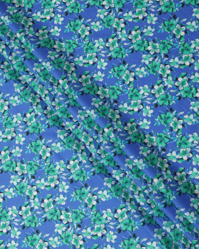 Royal Blue Base Green and White Blossom Printed Cotton Lawn Fabric with Dense Floral Pattern, 110 Cms Width, Made in India-D24273