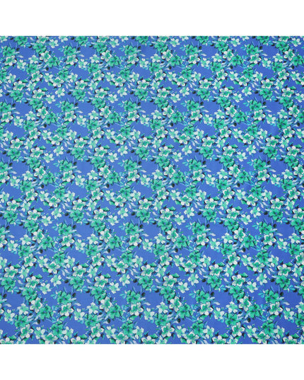 Royal Blue Base Green and White Blossom Printed Cotton Lawn Fabric with Dense Floral Pattern, 110 Cms Width, Made in India-D24273