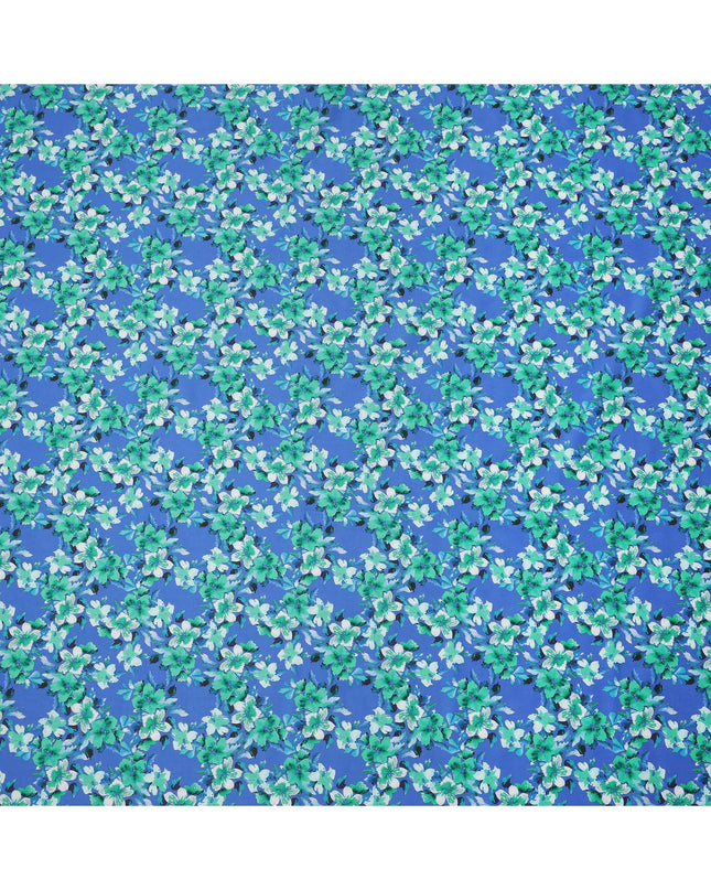 Royal Blue Base Green and White Blossom Printed Cotton Lawn Fabric with Dense Floral Pattern, 110 Cms Width, Made in India-D24273