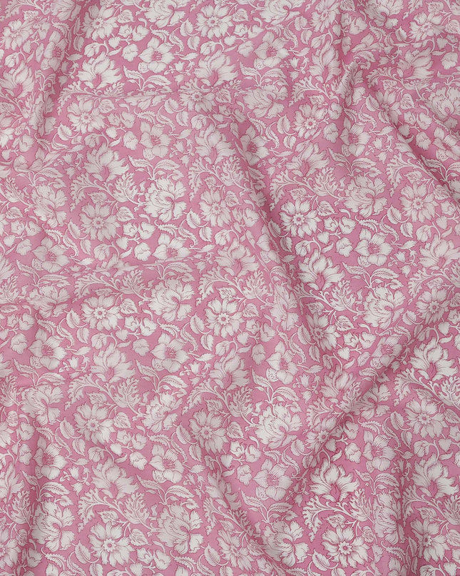 Pink Base White Intricate Floral Printed Cotton Lawn Fabric with Vintage-Inspired Detailing, 110 Cms Width, Made in India-D24274 - Regal Fabrics