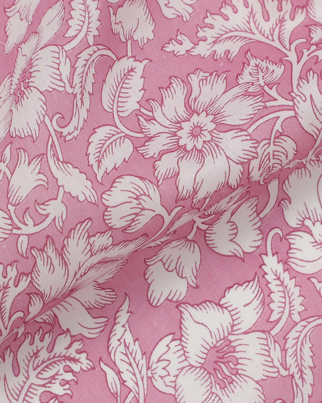 Pink Base White Intricate Floral Printed Cotton Lawn Fabric with Vintage-Inspired Detailing, 110 Cms Width, Made in India-D24274 - Regal Fabrics