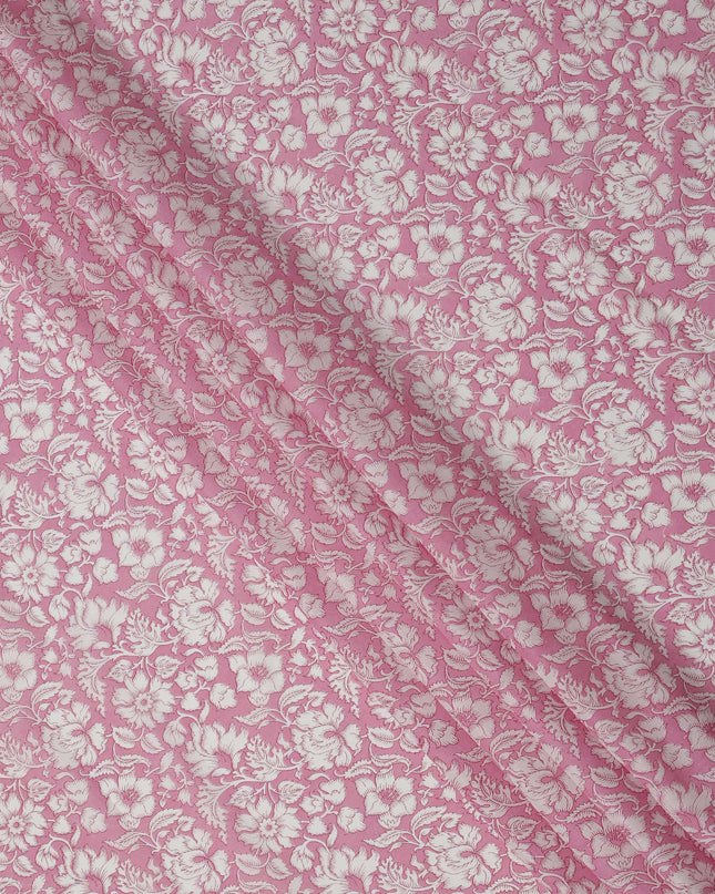 Pink Base White Intricate Floral Printed Cotton Lawn Fabric with Vintage-Inspired Detailing, 110 Cms Width, Made in India-D24274 - Regal Fabrics
