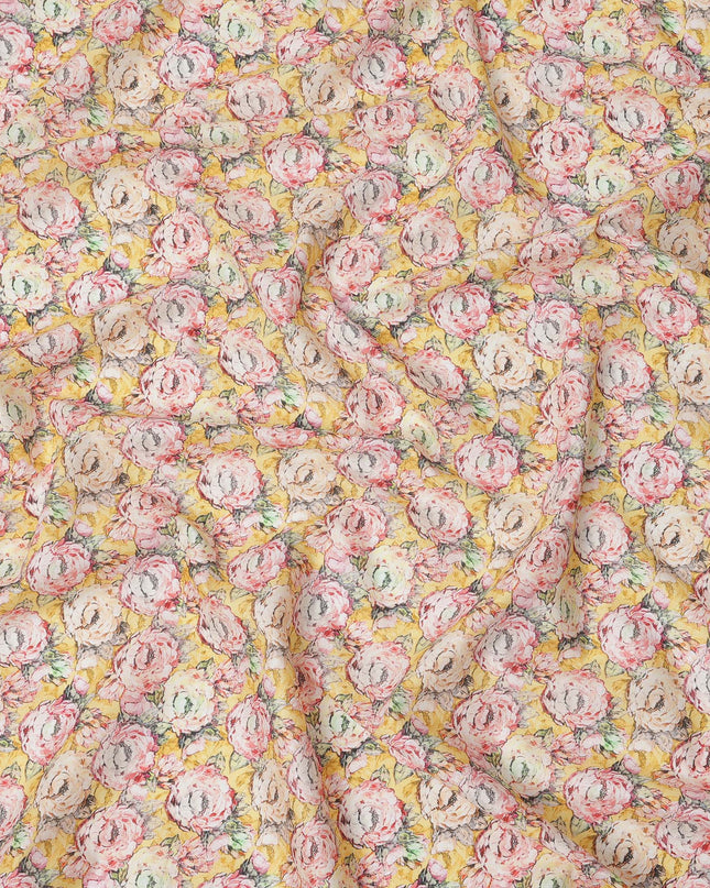 Yellow Base Multicolor Hand-Drawn Rose Floral Printed Cotton Lawn Fabric with Vintage Aesthetic Detailing, 110 Cms Width, Made in India-D24275
