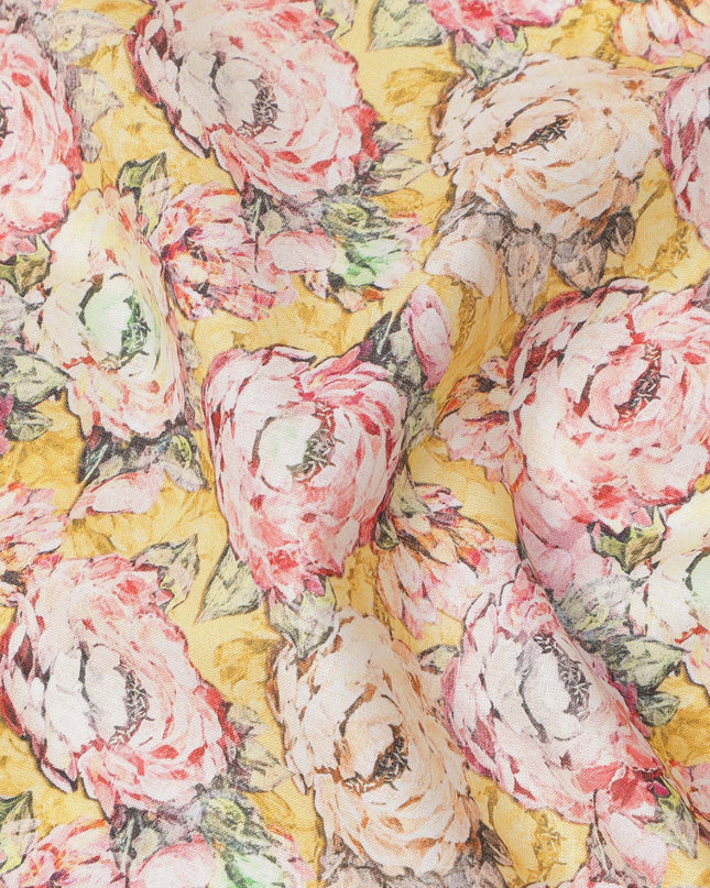 Yellow Base Multicolor Hand-Drawn Rose Floral Printed Cotton Lawn Fabric with Vintage Aesthetic Detailing, 110 Cms Width, Made in India-D24275