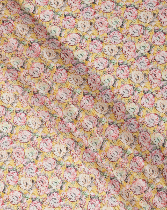 Yellow Base Multicolor Hand-Drawn Rose Floral Printed Cotton Lawn Fabric with Vintage Aesthetic Detailing, 110 Cms Width, Made in India-D24275