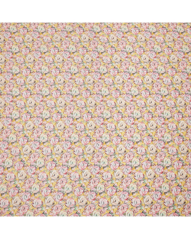 Yellow Base Multicolor Hand-Drawn Rose Floral Printed Cotton Lawn Fabric with Vintage Aesthetic Detailing, 110 Cms Width, Made in India-D24275