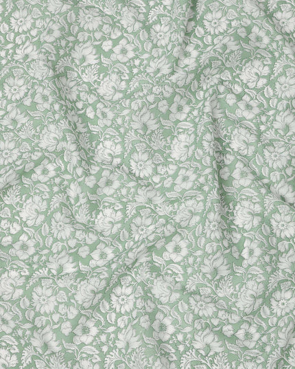 Sage Green Base White Traditional Floral Printed Cotton Lawn Fabric with Intricate Outline Detailing, 110 Cms Width, Made in India-D24276