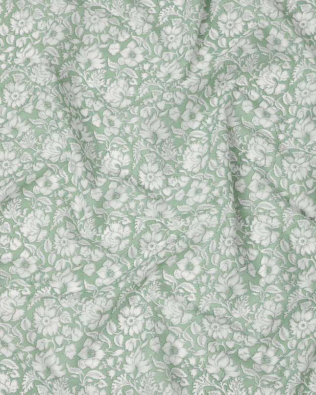 Sage Green Base White Traditional Floral Printed Cotton Lawn Fabric with Intricate Outline Detailing, 110 Cms Width, Made in India-D24276