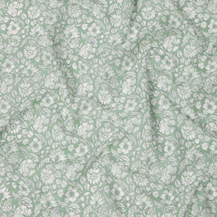 Sage Green Base White Traditional Floral Printed Cotton Lawn Fabric with Intricate Outline Detailing, 110 Cms Width, Made in India-D24276