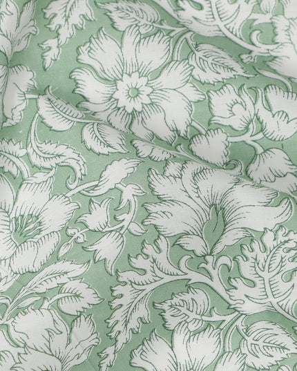 Sage Green Base White Traditional Floral Printed Cotton Lawn Fabric with Intricate Outline Detailing, 110 Cms Width, Made in India-D24276