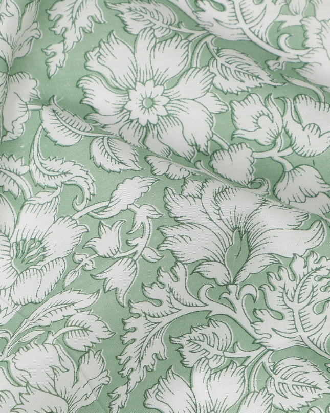 Sage Green Base White Traditional Floral Printed Cotton Lawn Fabric with Intricate Outline Detailing, 110 Cms Width, Made in India-D24276