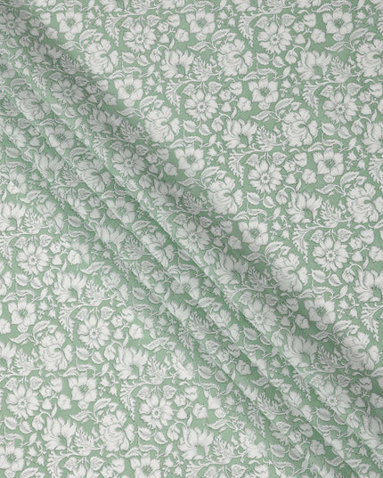 Sage Green Base White Traditional Floral Printed Cotton Lawn Fabric with Intricate Outline Detailing, 110 Cms Width, Made in India-D24276