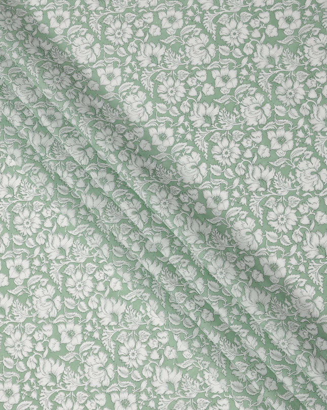Sage Green Base White Traditional Floral Printed Cotton Lawn Fabric with Intricate Outline Detailing, 110 Cms Width, Made in India-D24276